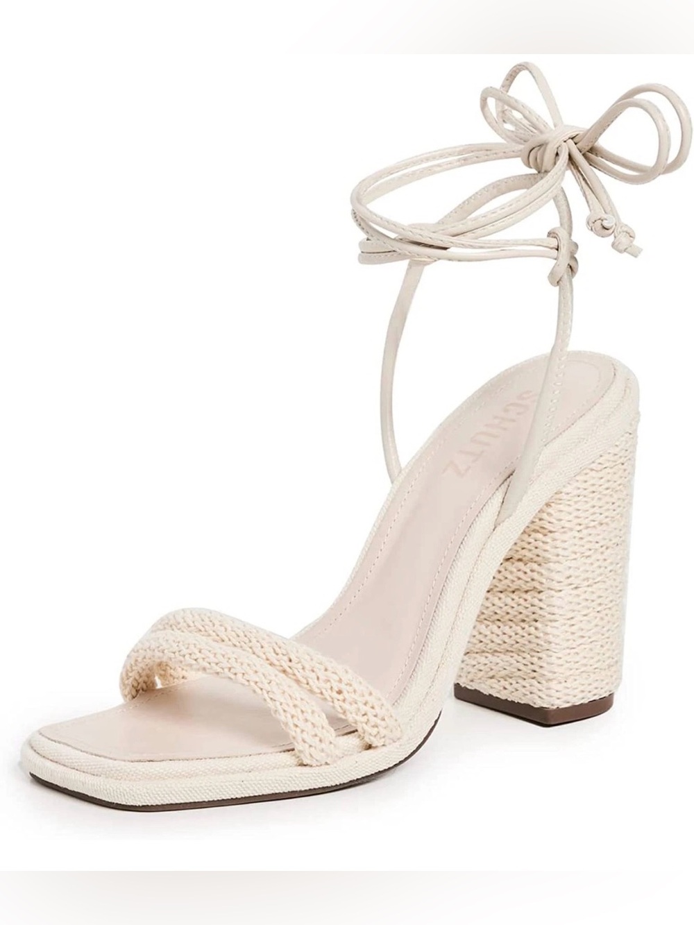 Schutz Leenah Egg Shell Lace Up Open Toe Crochet Cord Style Block Heels - NWT